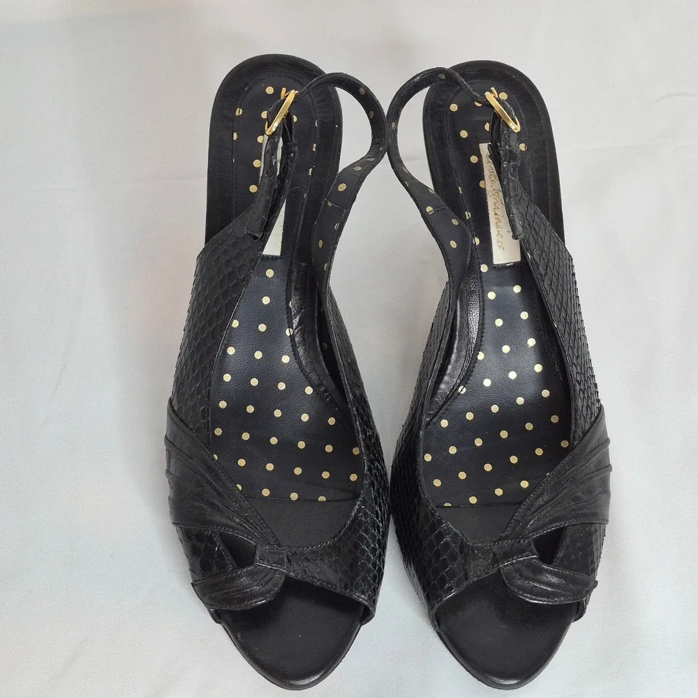 Lulu Guinness Black Snakeskin Leather Slingback Peep Toe Kitten Heels Spain 39